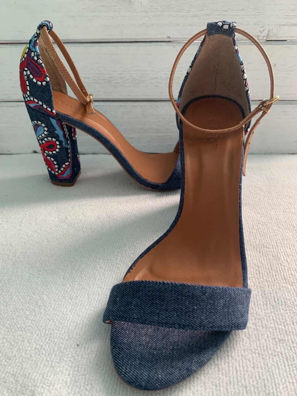 Only Denim Embroidered Block High Heel Sandals Brazilian Statement Shoes 39 - Picture 3 of 6